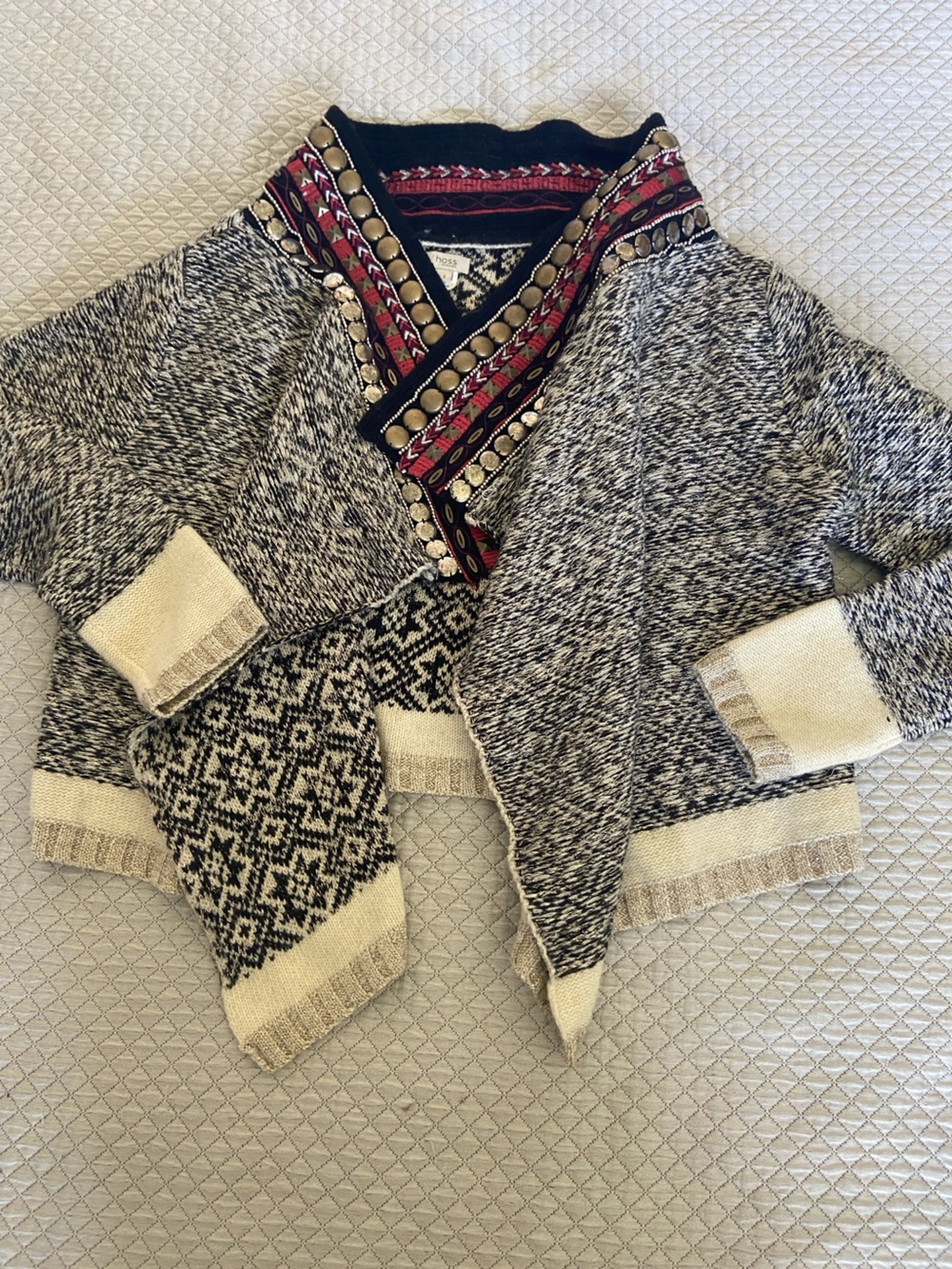 Women's Black & Cream Patterned Open Cardigan with Embroidered Trim